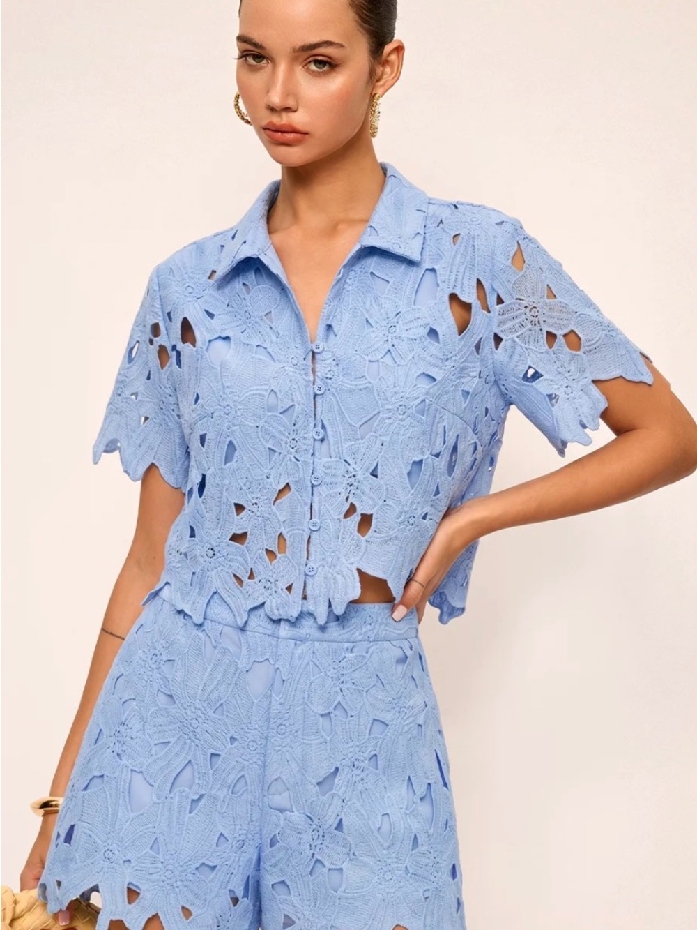 Commense Light Blue Crochet Button-Down Top and Matching Short Set- NWT